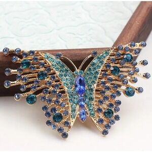 Rhinestone Butterfly Brooch Pin Blue Gold Tone Women's Jewelry Wedding